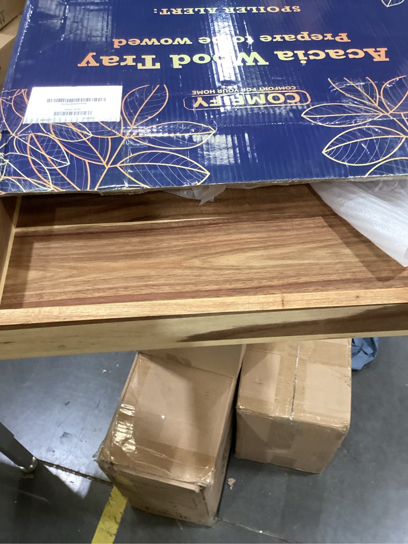 Condition photo showing As Is for Extra Large (22") Comfify Square Premium Acacia Wood Ottoman Tray with Handles - Use for Serving Food in Style for Dinner, Breakfast, Snacks, BBQ, Entertaining Guests & More - Brown