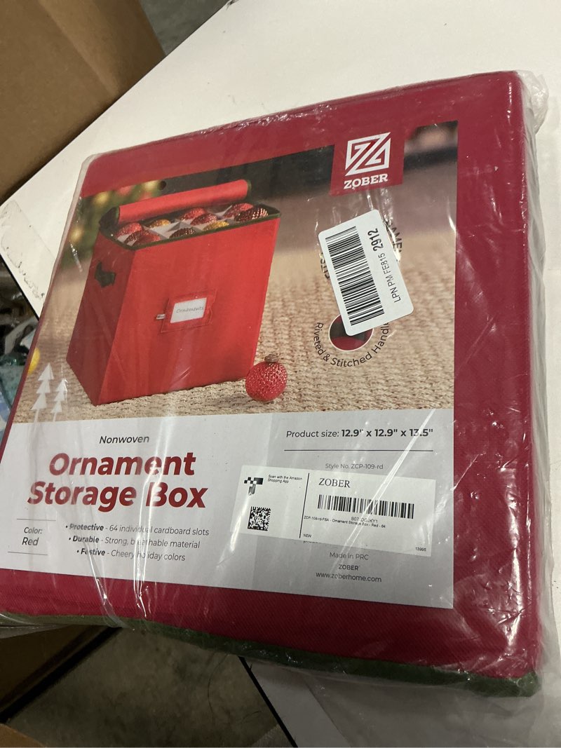 Condition photo showing Good Condition for ZOBER Christmas Ornament Storage Box - Stores 64 3\" Ornaments, With Dividers - Ornament Organizer Storage Box, Durable Christmas Containers Holder, Dual Zipper - Red Red 64 - 3\" Ornaments