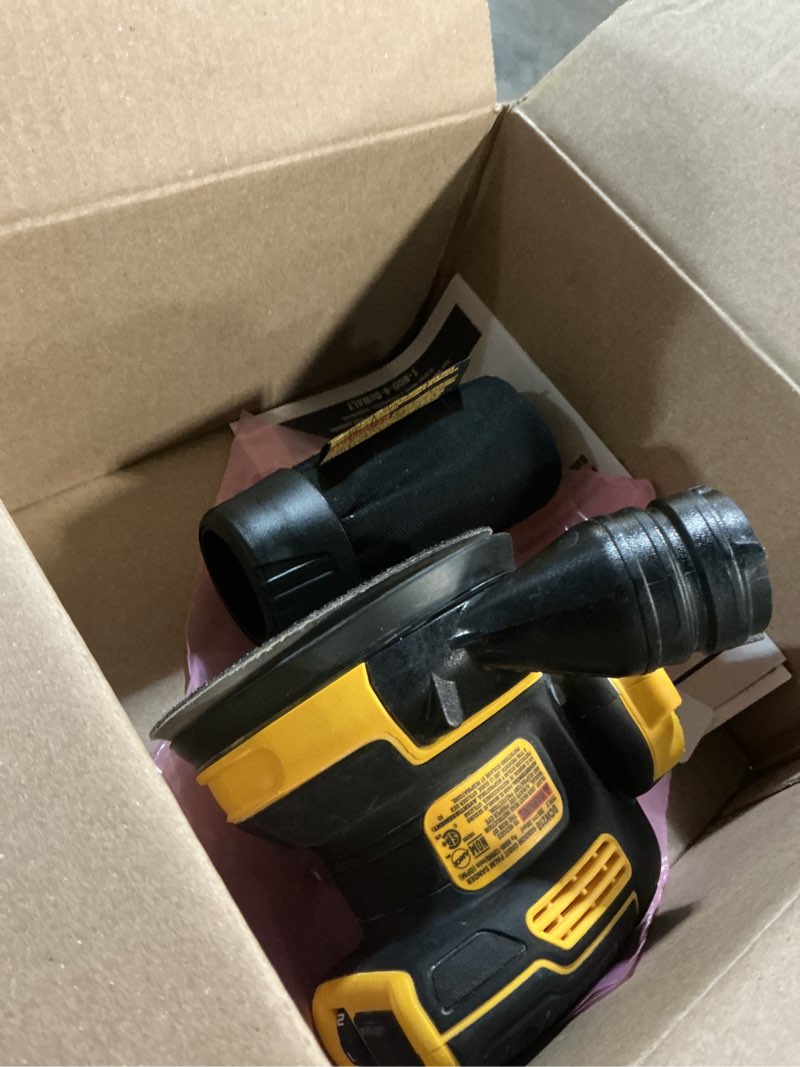 Condition photo showing As Is for dewalt 20v max orbital sander cordless, 5-inch sander tool, 2.ah, 8,000-12,000 opm, variable speed dial, storage bag, battery and charger included (dcw210d1)