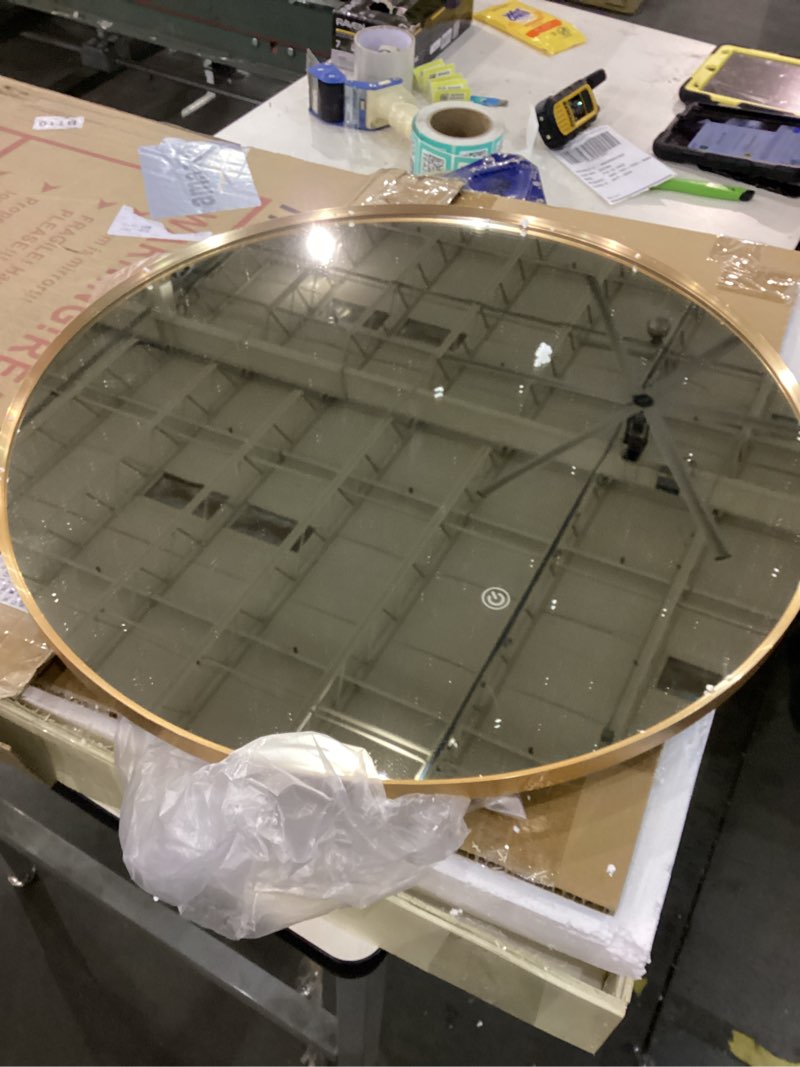 Condition photo showing New/Like New for 24" Round LED Bathroom Mirror, Wall Mounted Round Backlit Mirror LED Bathroom Vanity Mirror with Light Fog Free Circle Lighted Mirror with Gold Frame, Smart Light up Mirror 3-Color Gold 24"L x 24"W
