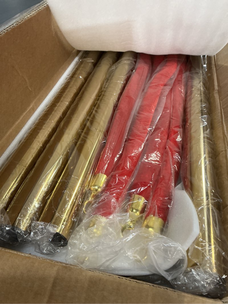 Condition photo showing New/Like New for VEVOR Stanchions and Velvet Ropes 4Pcs, Hollow Base with Stainless Steel Post, 2 Red Velvet Ropes and Posts, Crowd Control Barriers Gold Stanchions, Red Carpet Runner Poles for Party Supplies Gold 4Pcs 2Rope