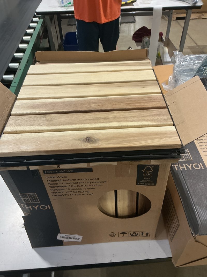 Condition photo showing Good Condition for premium deck tiles, 10 pcs patio flooring - white - crossed pattern | square joints - interlocking deck tiles, 12"x12"x0.9" waterproof acacia wood for balcony, backyard, indoor & outdoor