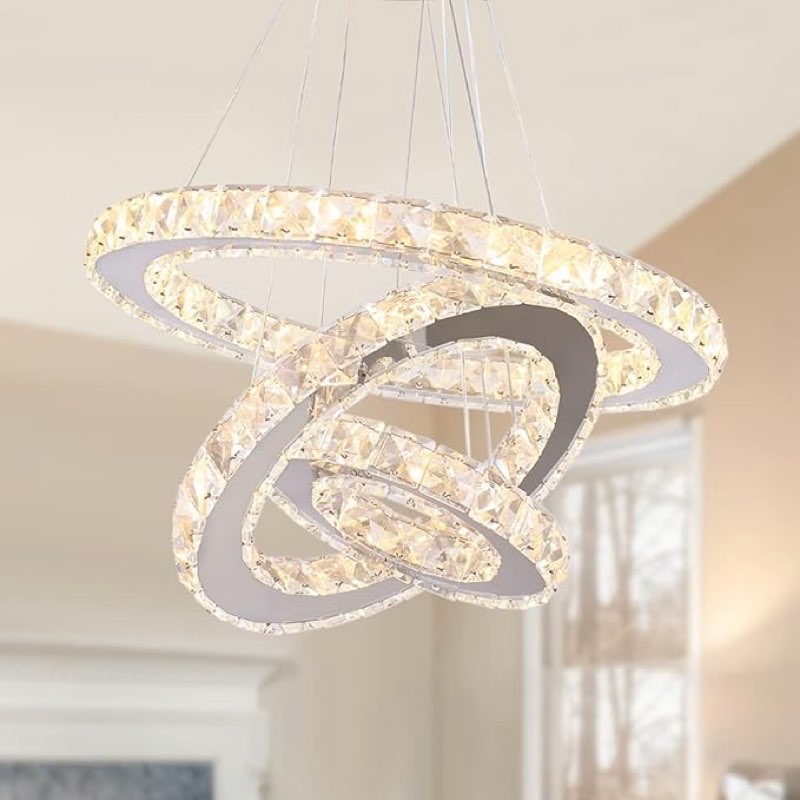AFQEJG 3 Ring Modern Crystal Chandelier Dimmable Ring Pendant Light Round Crystal Chandeliers for Li