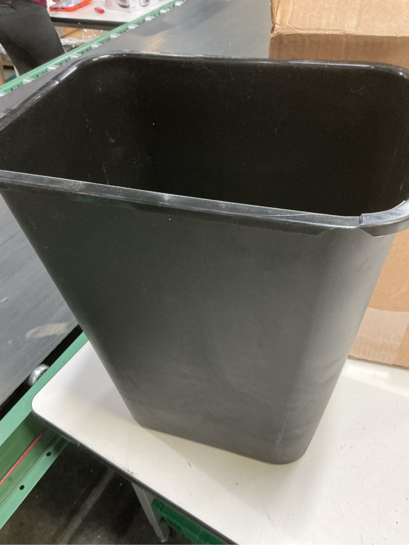 Condition photo showing As Is for wastebasket, 10.25 gallons, 20 1/2in.h x 15 1/2in.w x 11 1/2in.d, black, wb0196