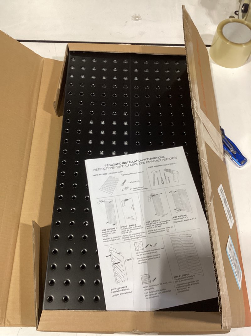 Condition photo showing Good Condition for torack 3 pcs metal pegboard panels for wall garage utility tools storage pegboard for workbench, shop, modular peg board tool organizer boards(pack of 3, black)