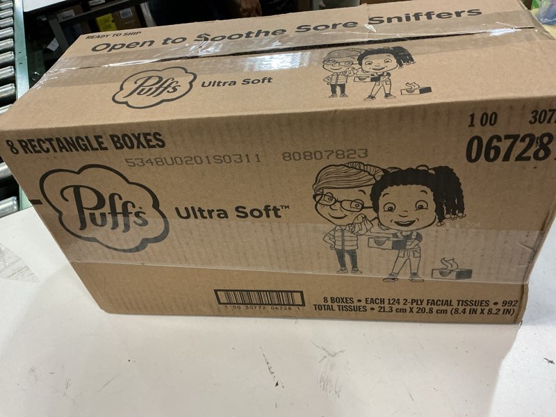 Condition photo showing New/Like New for puffs ultra soft non-lotion facial tissue, 8 family boxes, 124 facial tissues per box 124 count (pack of 8)