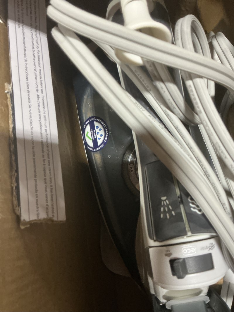 Condition photo showing As Is for Rowenta Iron Steamer for Clothes, Focus Stainless Steel Soleplate, 400 Microsteam Holes, Powerful Steam Iron, Lightweight, Leakproof, 1725 Watts