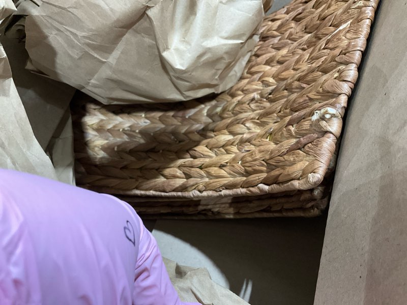 Condition photo showing As Is for Handwoven Christmas Tree Collar – Natural Water Hyacinth Rattan Ring, Rustic Boho Holiday Decoration for Artificial Trees, Cozy Farmhouse Look (27 inch, Brown Wash)