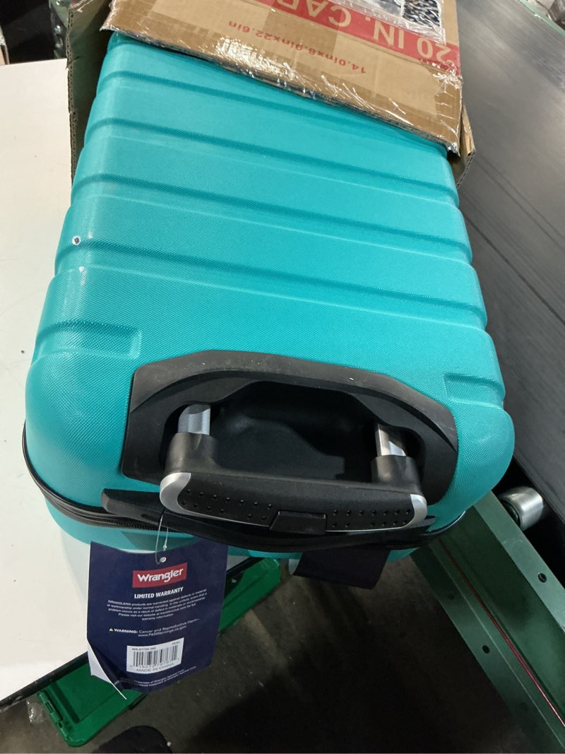 Condition photo showing As Is for wrangler 22" hardside spinner carry-on luggage, teal