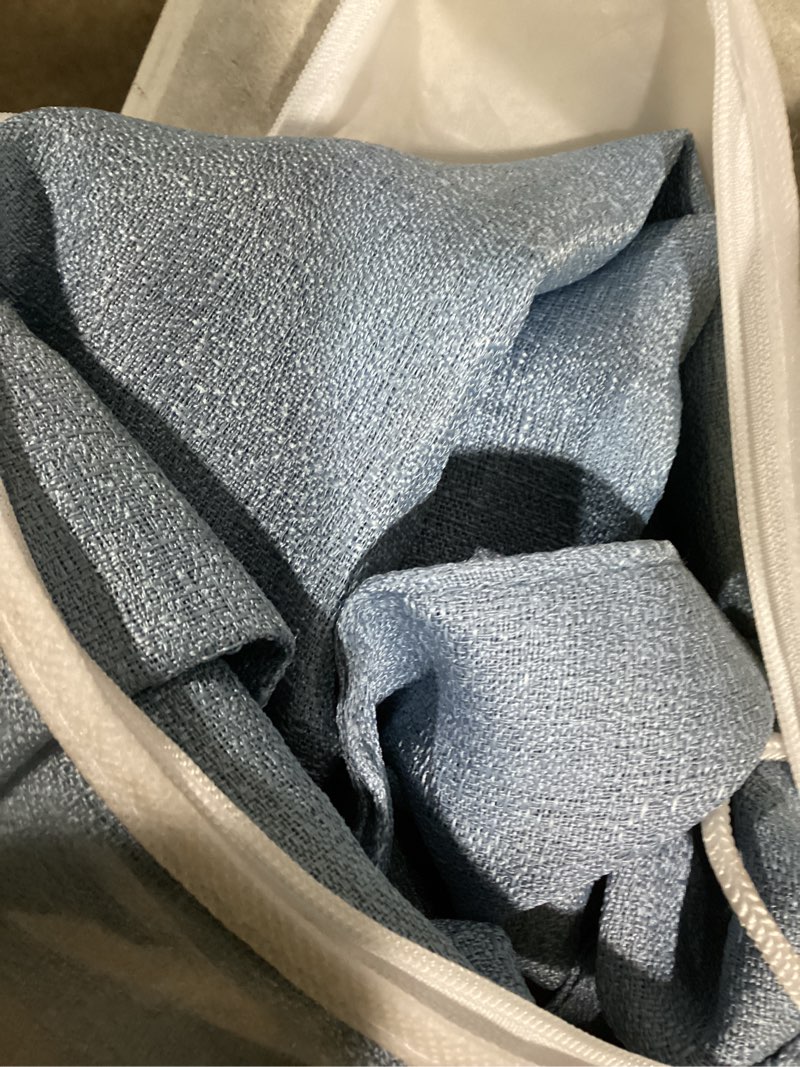 Condition photo showing Good Condition for melodieux 100% blackout linen textured curtains, light blue black out curtains 84 inch length thermal insulated drapes for bedroom/living room, grommet top and black back, 52" w x 84" l(2 panels) 52"w x 84"l (pack of 2) light blue