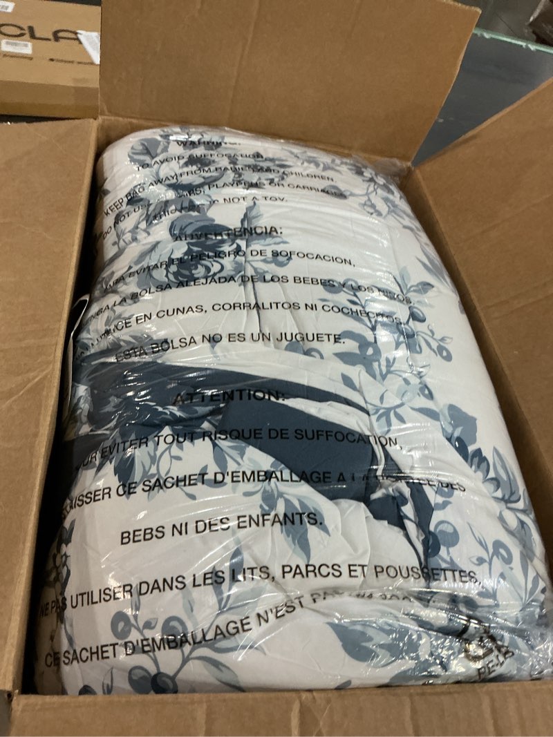 Condition photo showing Good Condition for king comforter set -7 pieces floral blue comforter set for all seasons, bed in a bag king with botanical flowers comforter, sheets, pillowcases & shams rain washed king