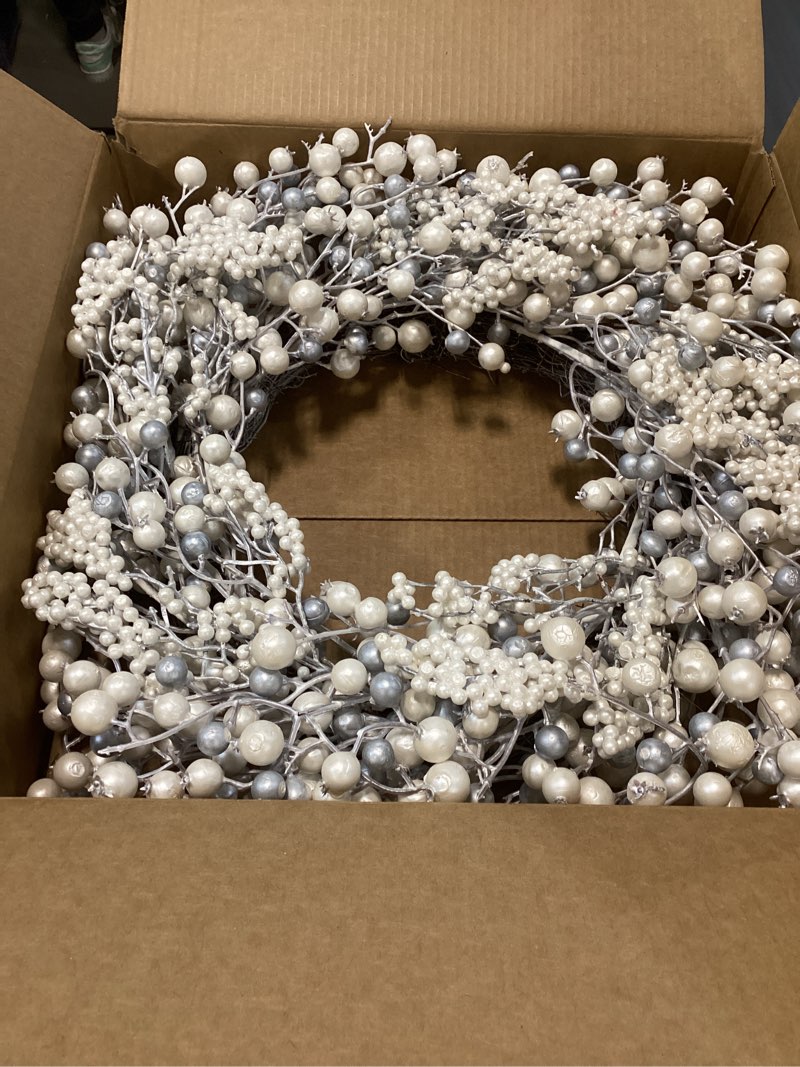 Condition photo showing New/Like New for Huashen 24 Inch Spring Front Door Wreath Winter Berry Wreath Metallic Effect Pearl White & Silver Berry Christmas Wreaths for Front Door Wall Window Hanging Christmas Decoration Home Décor Silvery White