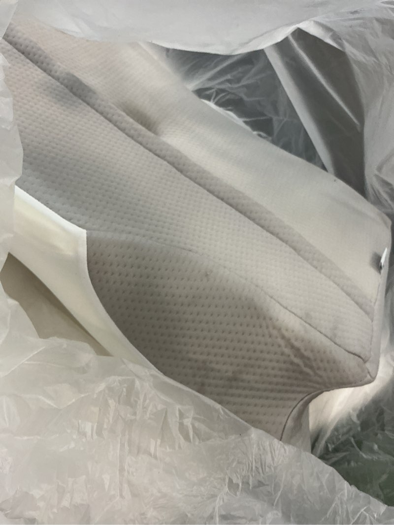 Condition photo showing As Is for cervical neck pillow, memory foam pillows for neck and shoulder pain relief, 2 heights ergonomic pillow with breathable ice silk cover, neck support pillow for side sleepers white