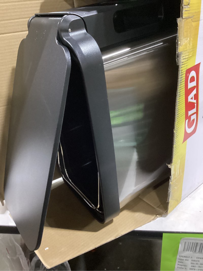 Condition photo showing As Is for Glad Slim Trash Can with Clorox Odor Protection - Narrow Kitchen Garbage Bin with Soft Close Lid, Step On Foot Pedal and Waste Bag Roll Holder, Stainless Steel, 45 Liter