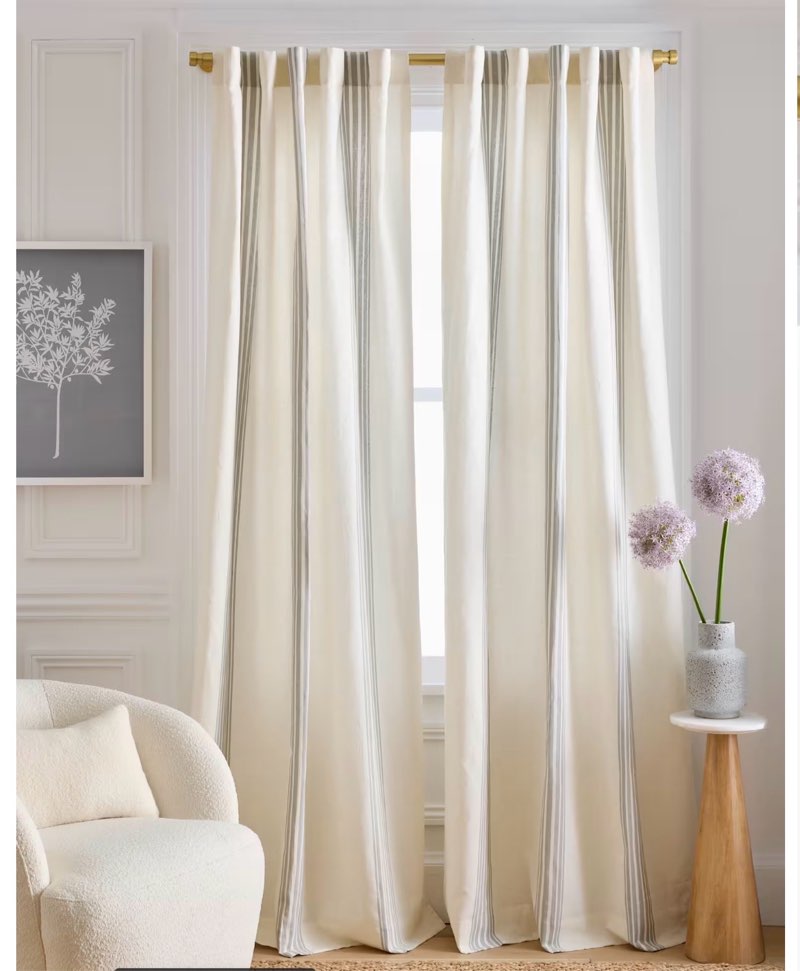 coastal stripe linen cotton true blackout curtain - single panel, 48x96, ivory/sage green (1 panel )