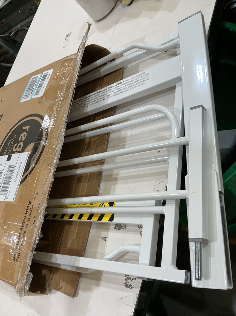 Condition photo showing Good Condition for regalo safety 38" baby gate for doorways & bottom of stairs, pressure mount design for babies, toddlers & pets, tested & safe for 30 years, american designed, american owned, white white 29-38.5"w x 30"h