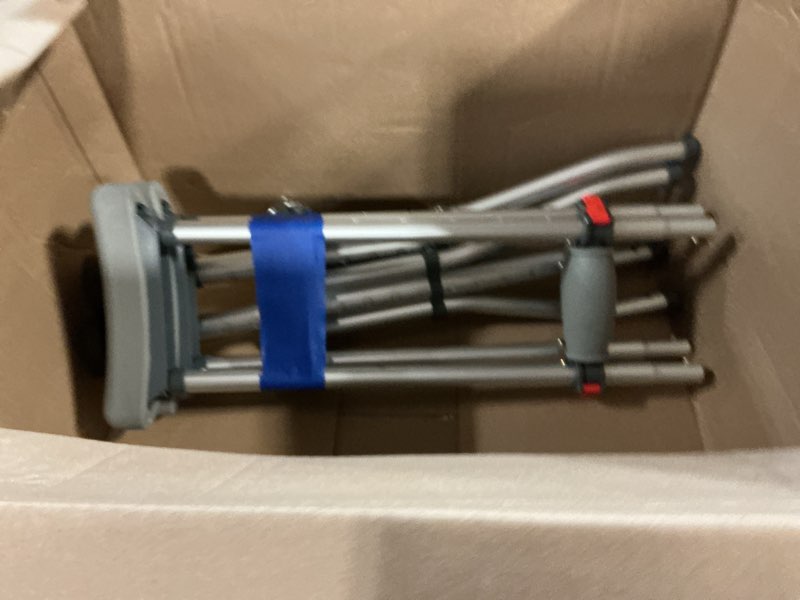 Condition photo showing New/Like New for aluminum alloy crutches for adults, pair of height adjustable crutch (fits 4'7" - 6'7"), universal & lightweight crutches for kids, includes padded underarm cushions, rubber tips, 300 lbs capacity