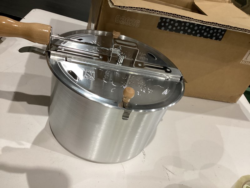 Condition photo showing Good Condition for cook n home stovetop popcorn popper with crank, 6-quart aluminum popcorn pot, silver brushed aluminum 6 quarts