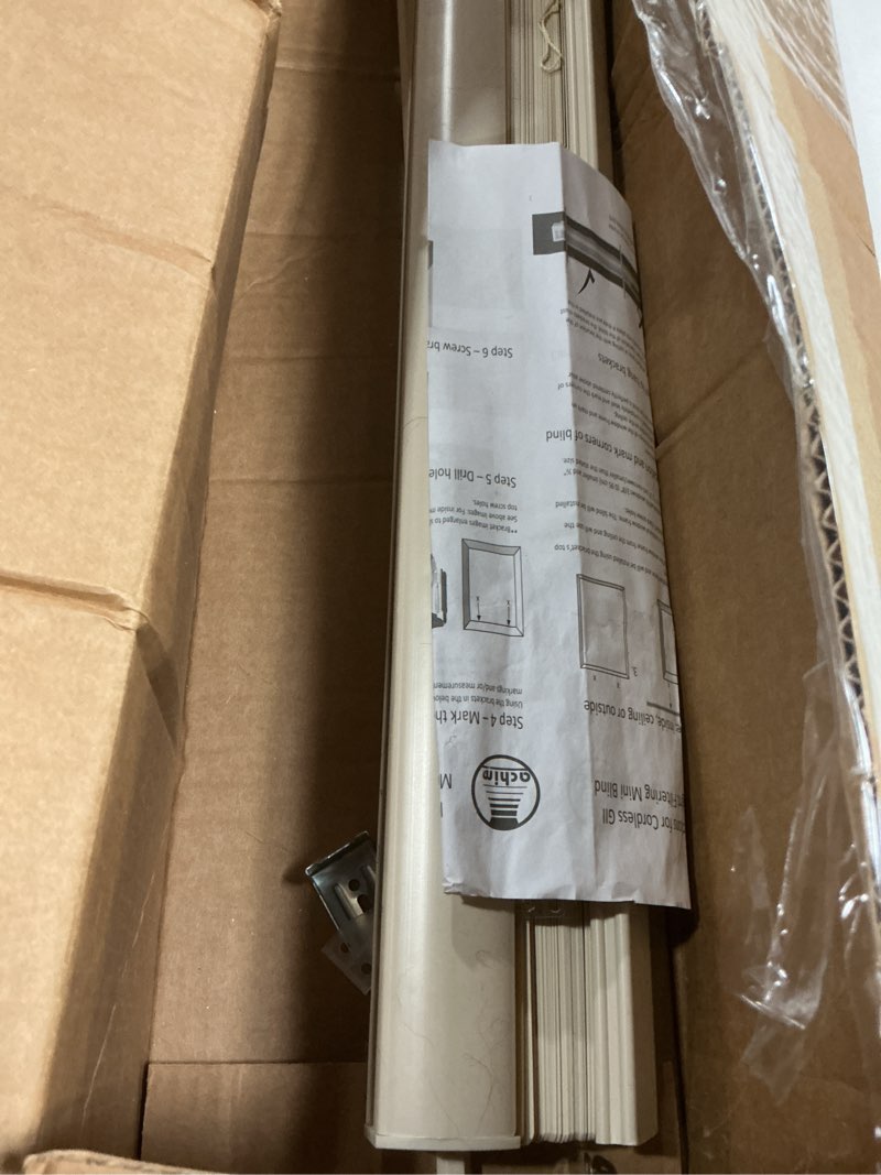 Condition photo showing As Is for Cordless Light Filtering Mini Blind - 27 Inch Width, 64 Inch Length, 1" Slat Size - Alabaster - Cordless GII Morningstar Horizontal Windows Blinds for Interior by Achim Home Decor 27"W x 64"H Alabaster