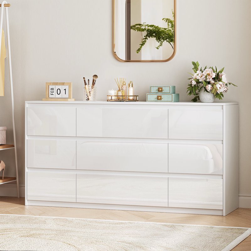 60'' White 9-Drawer Dresser, Modern High Gloss Dresser for Bedroom, Living Room, Hallway