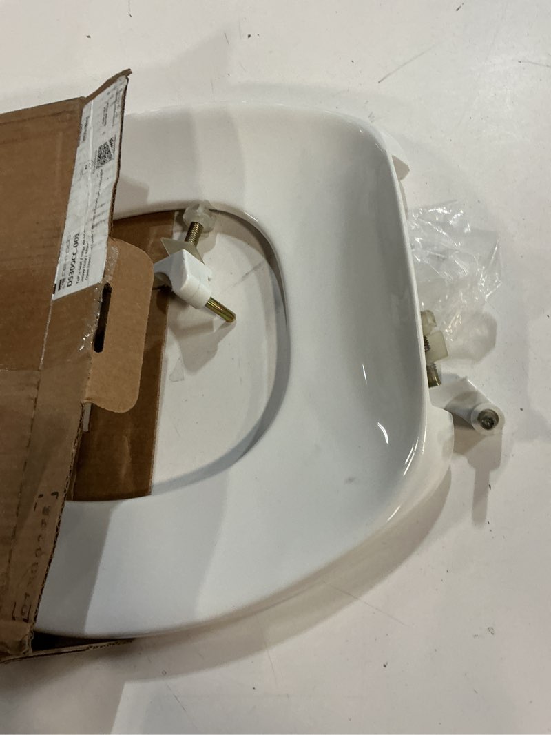 Condition photo showing As Is for centoco toilet seat round, open front no cover, heavy duty commercial, zinc plated hinges, plastic, made in the usa, 300cc-001, white zinc plated hinges / made in the usa round