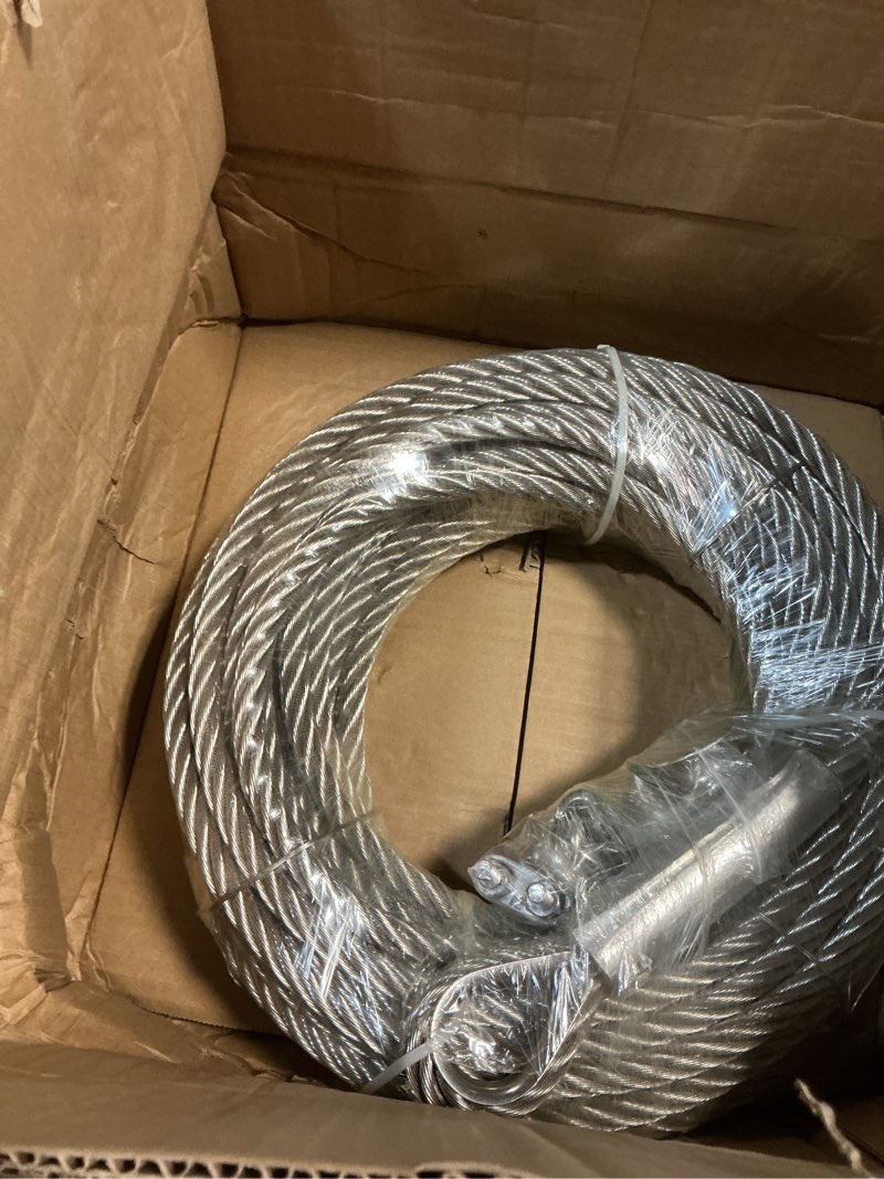 Condition photo showing New/Like New for 1/2" stainless steel cable 75ft, 7x19 strands wire rope cable with 23000 lbs breaking strength, stainless steel wire rope with m12 clips clamp and thimbles for boat lift cable, winch cable 75ft 1