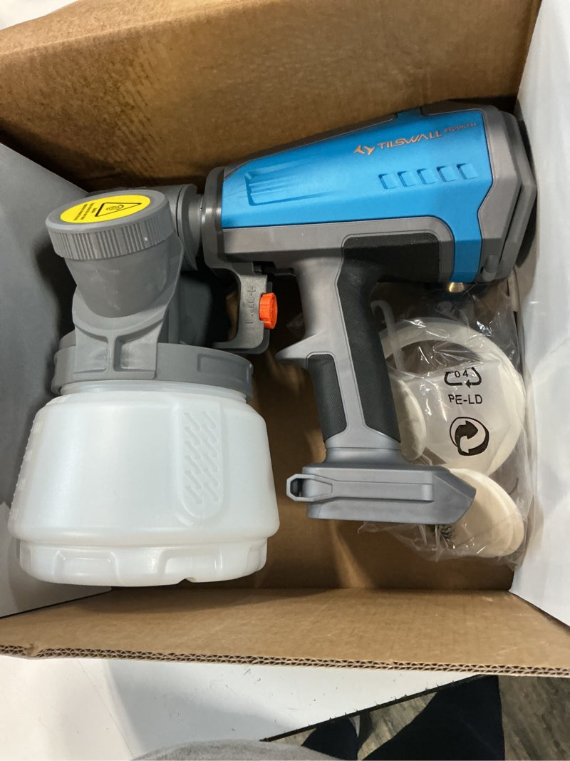 Condition photo showing Good Condition for tilswall brushless cordless paint sprayer shark700 compatible with dew 20v battery(battery not included), easy side-fill, electric hvlp spray paint gun for house painting, furniture, outdoor(1300 ml) 1300 ml blue
