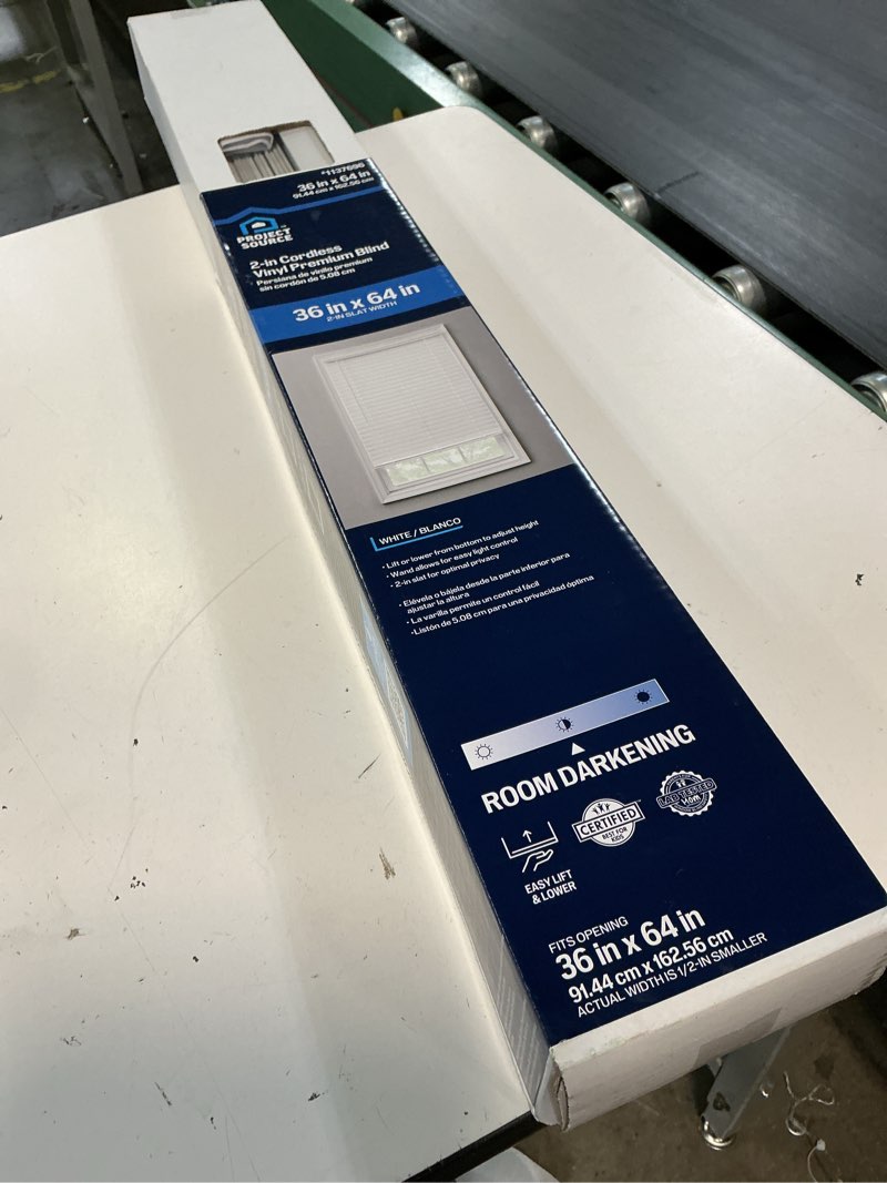 Condition photo showing New/Like New for project source premium 2-in 2-in slat width 36-in x 64-in cordless white vinyl room darkening full-view standard horizontal blinds