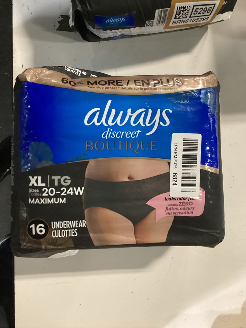 Condition photo showing New/Like New for Always Discreet Boutique Incontinence and Postpartum Underwear for Women, Maximum Protection, Extra Large, Black, 16 Count Black X-Large 16