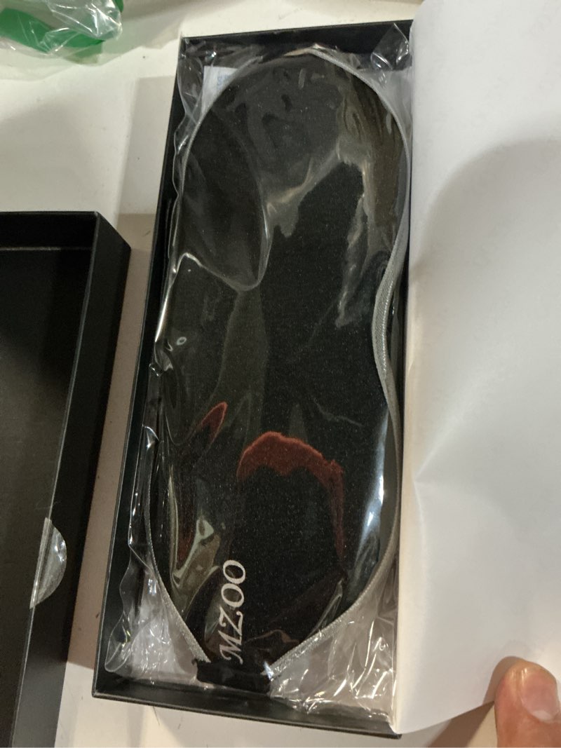 Condition photo showing Good Condition for mzoo luxury sleep mask for back, side sleeper, complete light blocking sleeping eye mask night blindfold, 3d zero pressure & spacious for lash extensions, breathable soft eye cover flight nap travel n-black (silver edge)