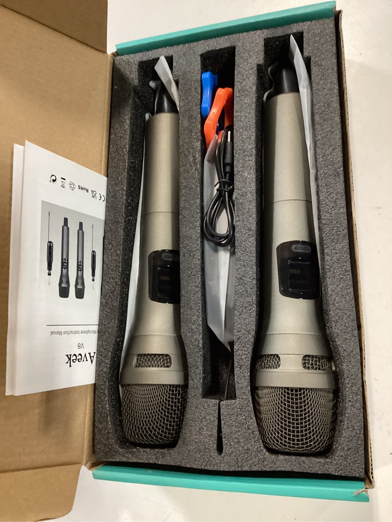 Condition photo showing Good Condition for Aveek Wireless Microphone System, 2 Rechargeable Mics and Receiver, Plug & Play for Karaoke Machine, Party Speakers, Home Entertainment, Wedding & Events - Crystal Clear Sound, 100ft Range Gray