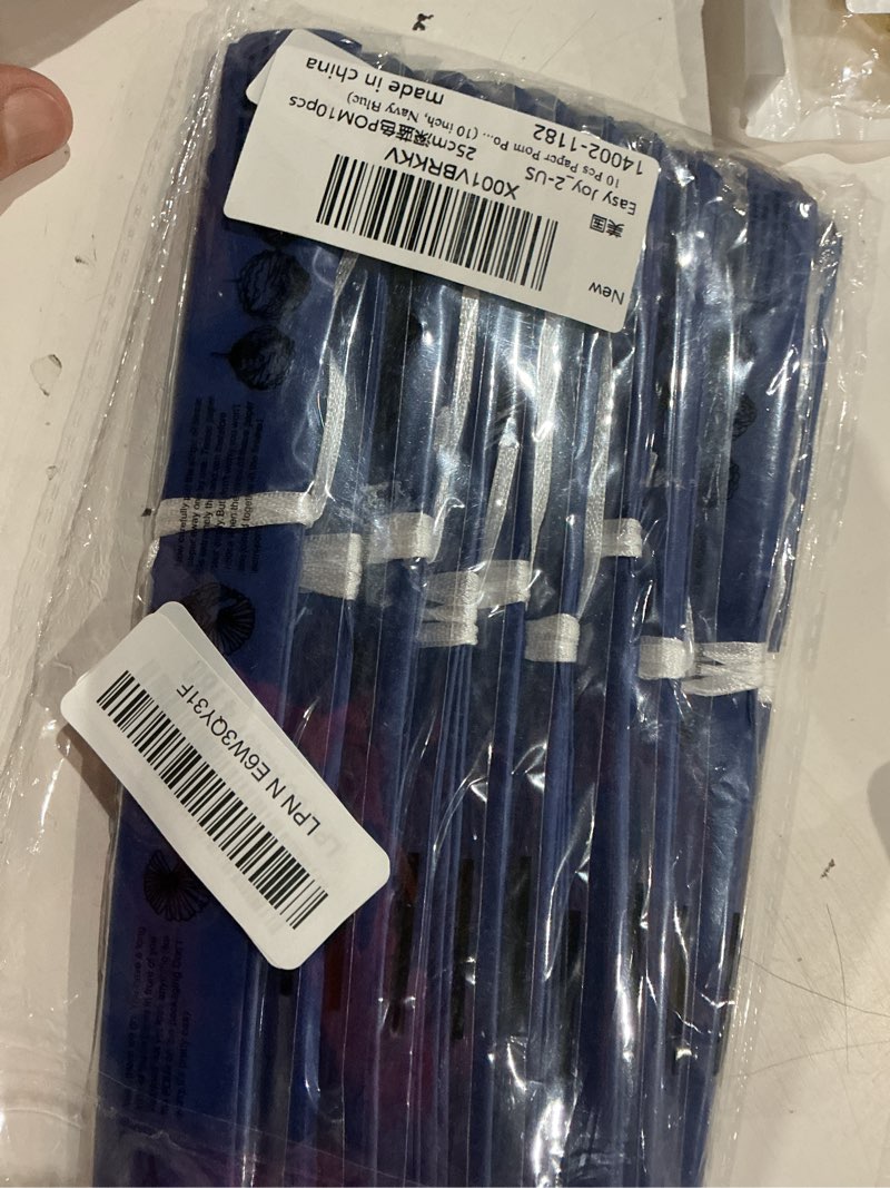 Condition photo showing As Is for 10 pcs paper pom poms flowers for wedding, birthday party, baby shower, nursery decor, bachelorette party hanging decor, easy joy (10 inch, navy blue)