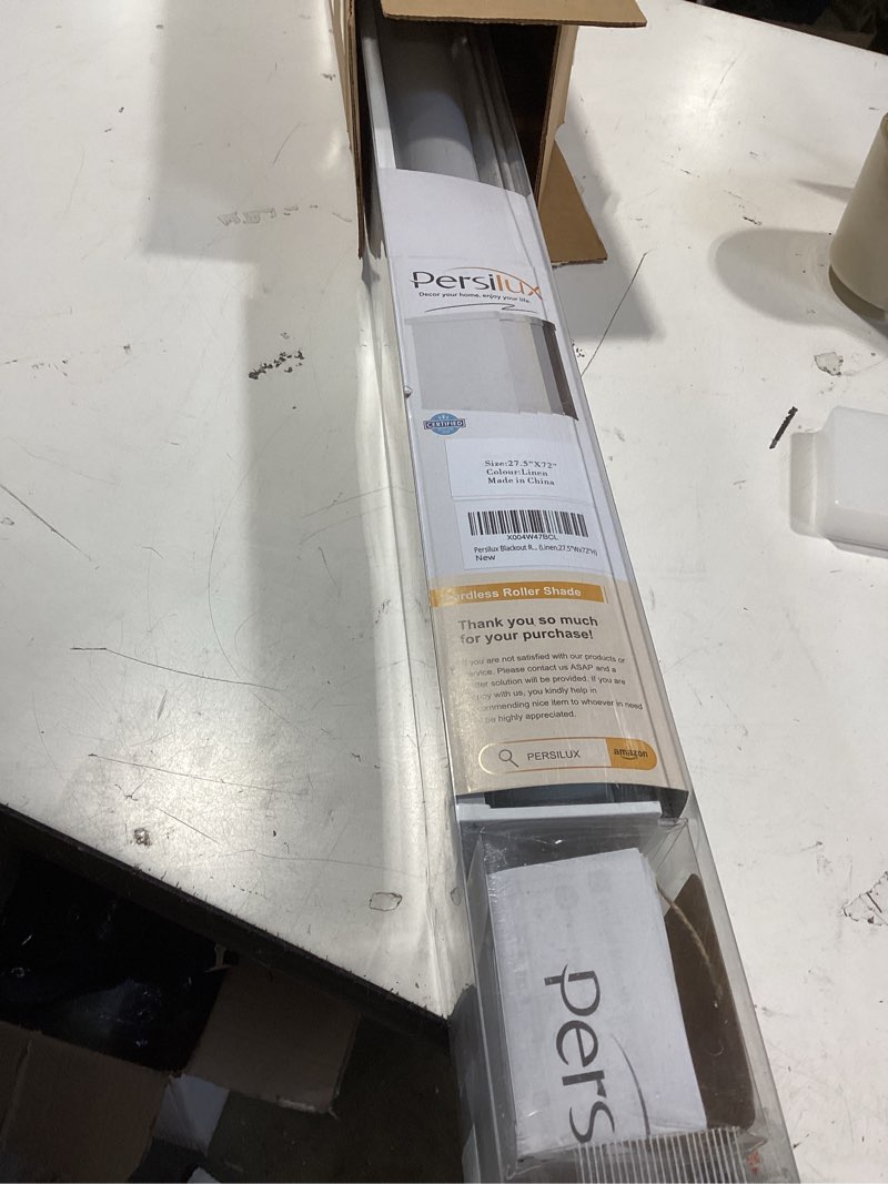Condition photo showing Good Condition for persilux blackout roller blinds for indoor windows, cordless roller shades with valance, thermal insulated fabric window shades & blinds, uv protection shades for home and bedroom (linen,27.5"wx72"h) 27.5"w x 72"h linen