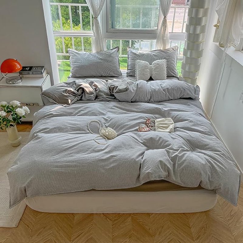 (( incomplete))Reversible Design Washed Cotton Duvet Cover Queen, Striped 4-Piece Bedding Sets, Soft and Lightweight, Comfortable Comforter Cover,Gray