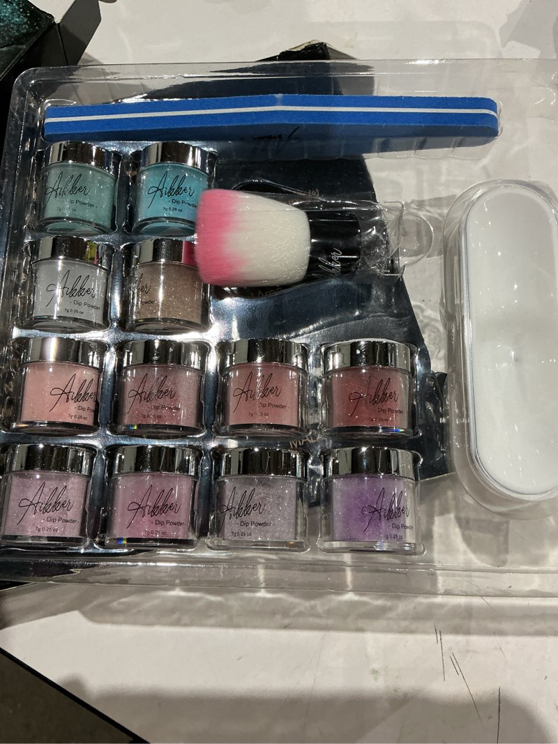Condition photo showing Good Condition for 27 pcs galaxy color dip powder nail kit starter with everything base activator top coat recycling tray brush file nail art set no lamp needed ak16p