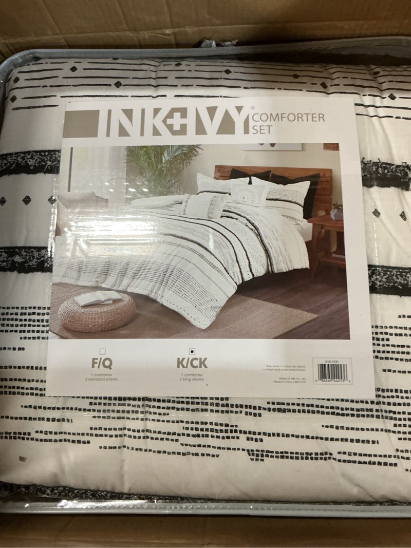 Condition photo showing New/Like New for ink+ivy luxurious cotton-bedding set - mid century trendy geometric design, all season cozy-cover with matching-shams, king/cal king, nea trims black/multi comforter set k/cal k nea tassel ivory