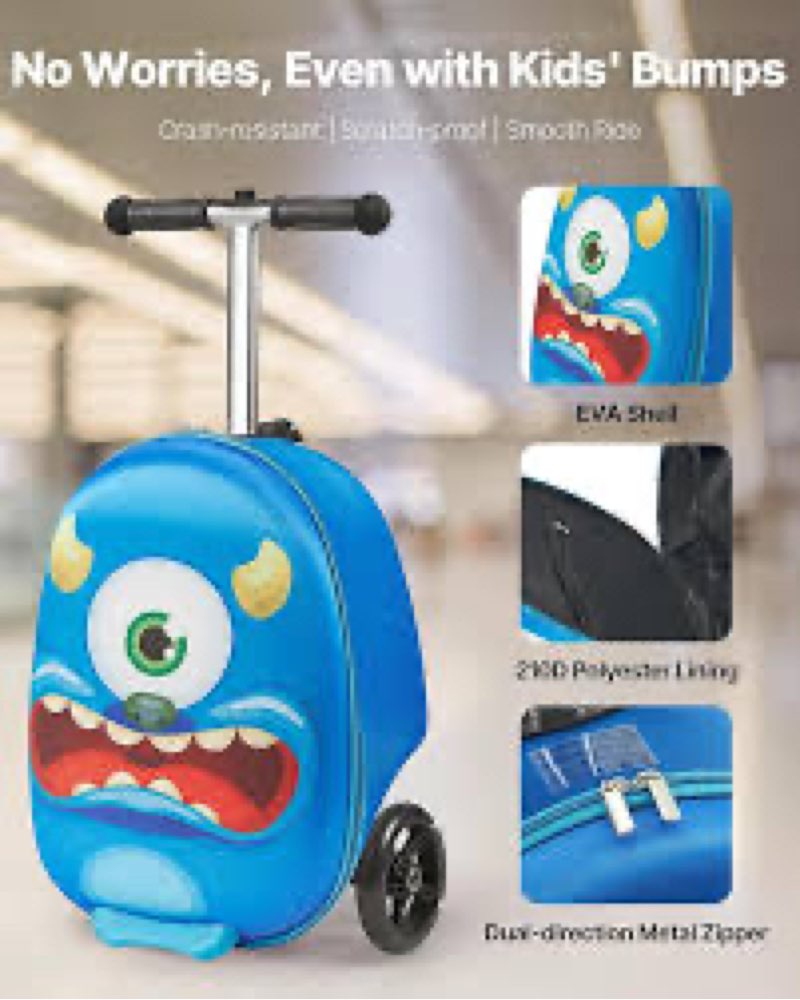 vevor ride-on luggage, 20 l capacity, 20 inches kids scooter suitcase with flash pu wheels, adjustable handle & tpr non-slip grip, foldable & lightweight scooter luggage for kids aged 5+, blue