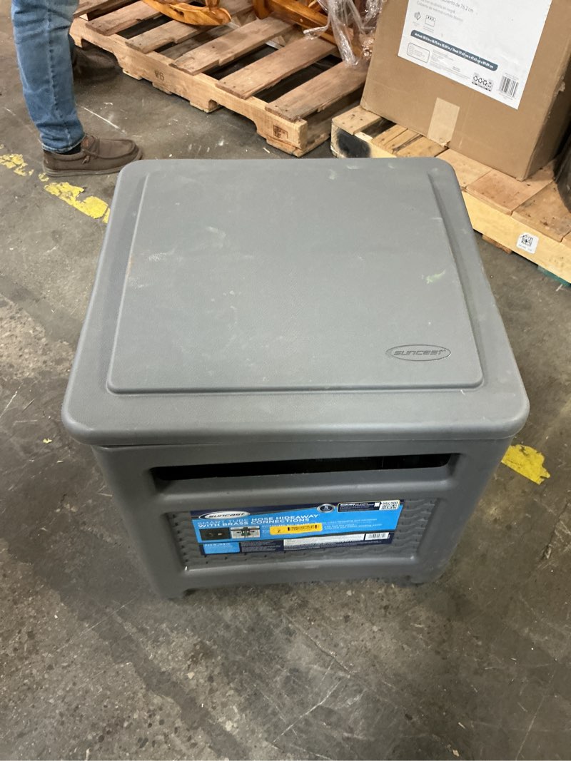Condition photo showing As Is for suncast smart trak 225 ft. gray free standing hideaway hose reel