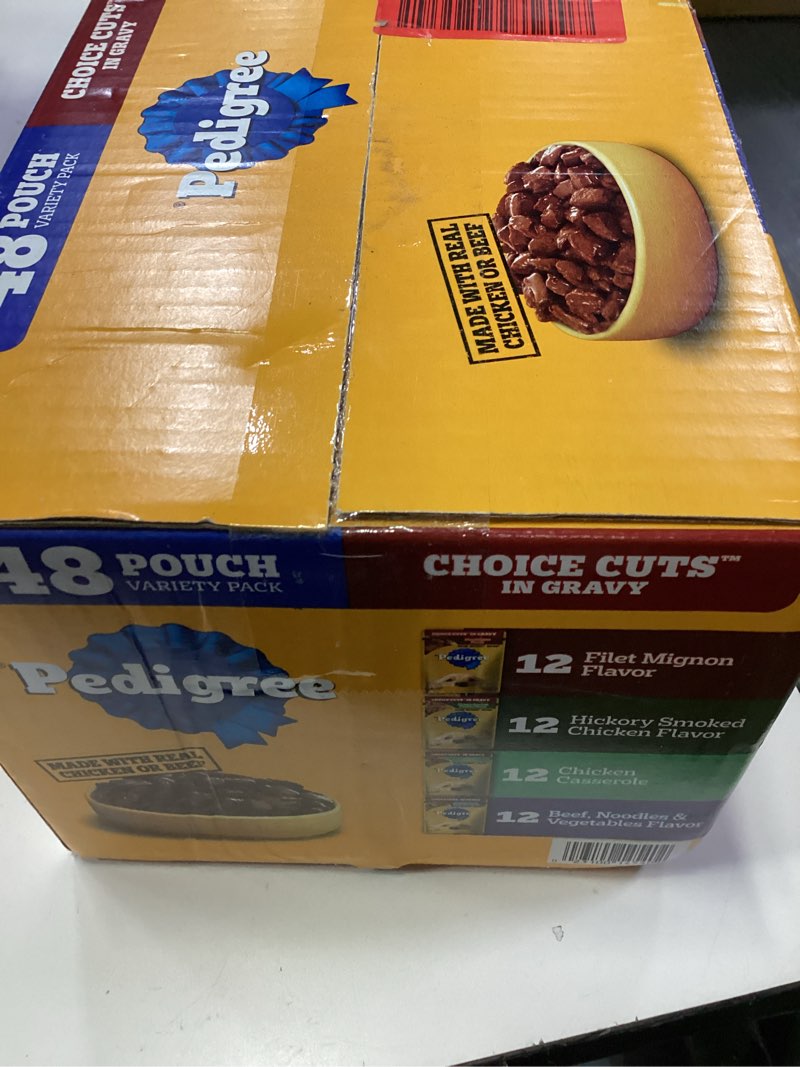 Condition photo showing New/Like New for pedigree choice cuts in gravy wet dog food, adult soft wet dog food, variety pack, 3.5 oz. pouches, 48 count variety: beef, chicken & filet mignon 48 count (pack of 1) expira 02/09/2027