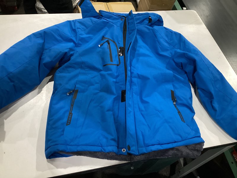 Condition photo showing Good Condition for boy's waterproof ski jacket, warm fleece lined winter snow windproof jackets, hooded ski coat light blue 10-12 years