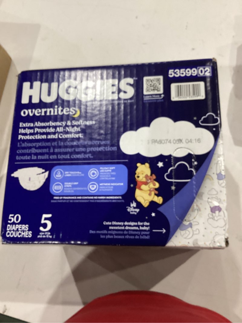 Condition photo showing New/Like New for huggies overnites size 5 overnight diapers (27+ lbs), 50 ct, packaging may vary size 5 50
