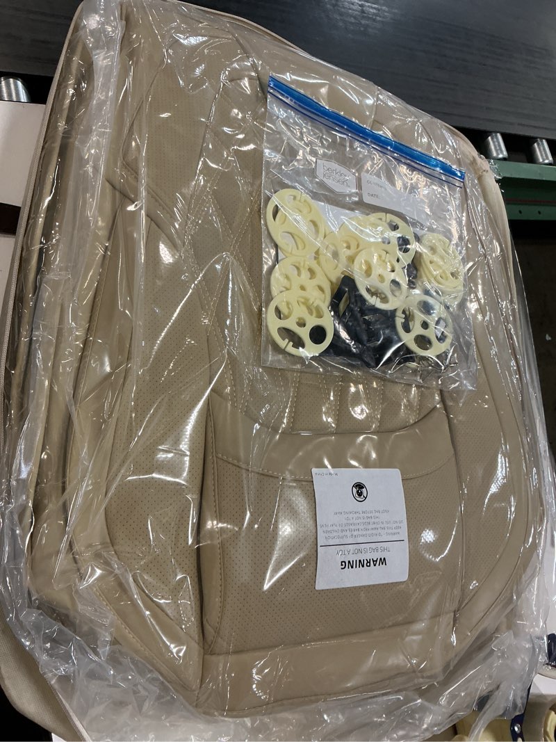 Condition photo showing New/Like New for freesoo beige car seat cover full set - faux nappa leather seat covers for cars, ultra breathable waterproof front seats cushion protectors with lumbar support, universal fit for sedans suvs pickups beige full set - 5 seats