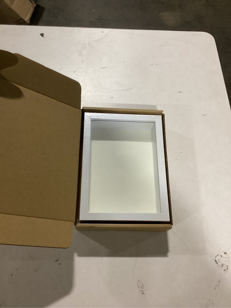 Condition photo showing As Is for 8x8 Shadow Box Picture Frame Display Case with Soft Linen Back, White Wooden Memory Shadow Box Frame with Tempered Glass Cover for Wall or Tabletop Display White 8x8