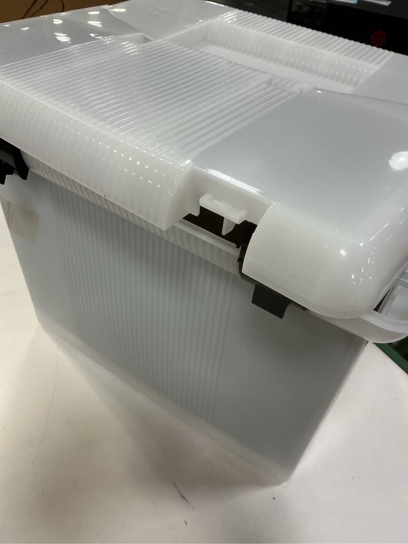 Condition photo showing As Is for Portable File Box Frosted White Hinged Lid with Double Latch Closure41745AMZPortable
