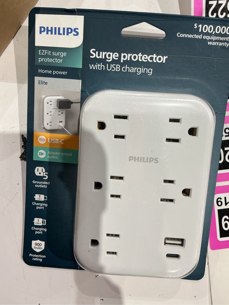 Condition photo showing New/Like New for philips ezfit 5-outlet extender wall tap with surge protection, grounded adapter, charging station, 3 prong, 1 usb-a, 1 usb-c, 900j, white, spp3513w/37 5 outlet | usb