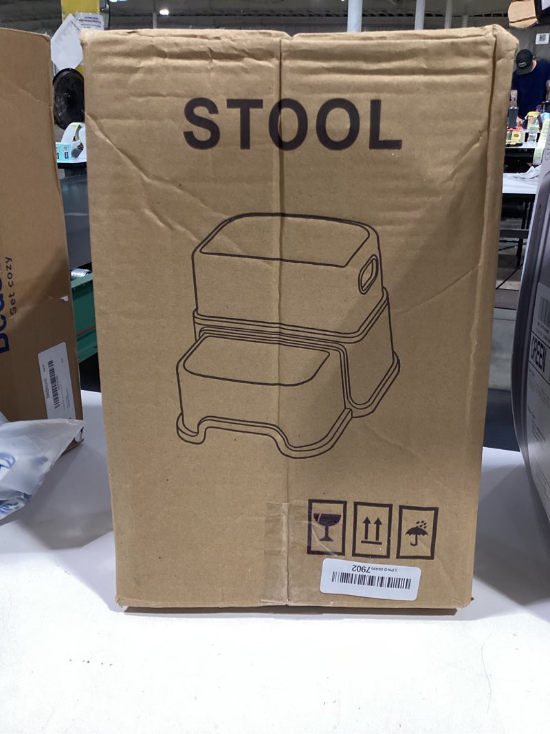 Condition photo showing As Is for toddler step stool,2 step stools for kids with anti-slip surface and rubber bottom, kids step stool poop stool for toilet potty training, bathroom, kitchen(include 2 ducks) gray