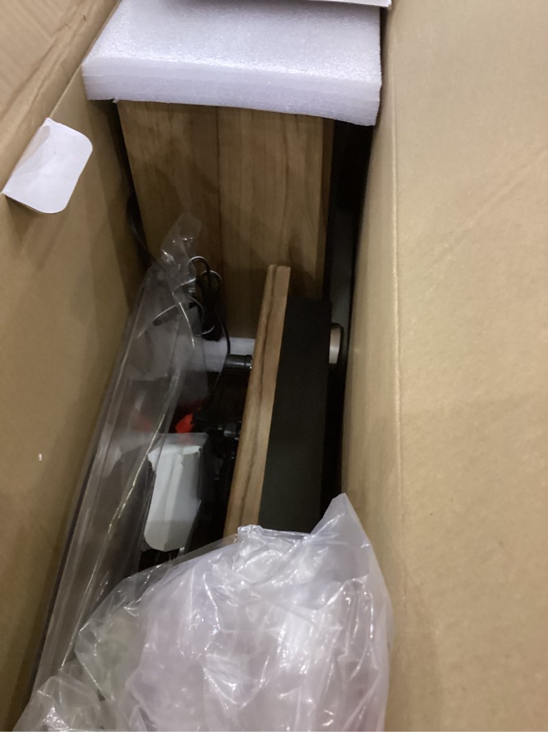 Condition photo showing As Is for Victrola Montauk Vinyl Record Player, 3-Speed Belt Driven Turntable with Stereo Bluetooth Speaker Pair, RCA Output and 3.5mm Headphone Jack, Removable Dust Cover, Farmhouse Walnut Finish Farmhouse Walnut System