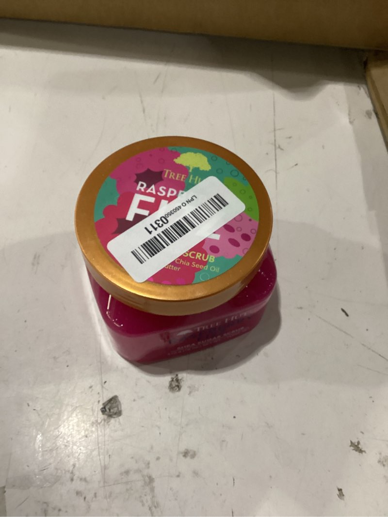 Condition photo showing New/Like New for tree hut raspberry fizz body scrub, exfoliating sugar scrub, vegan, 18 oz | exfoliating & nourishing with shea butter & essential oils, body exfoliator for all skin types, self care gifts for women raspberry fizz 18 ounce (pack of 1)