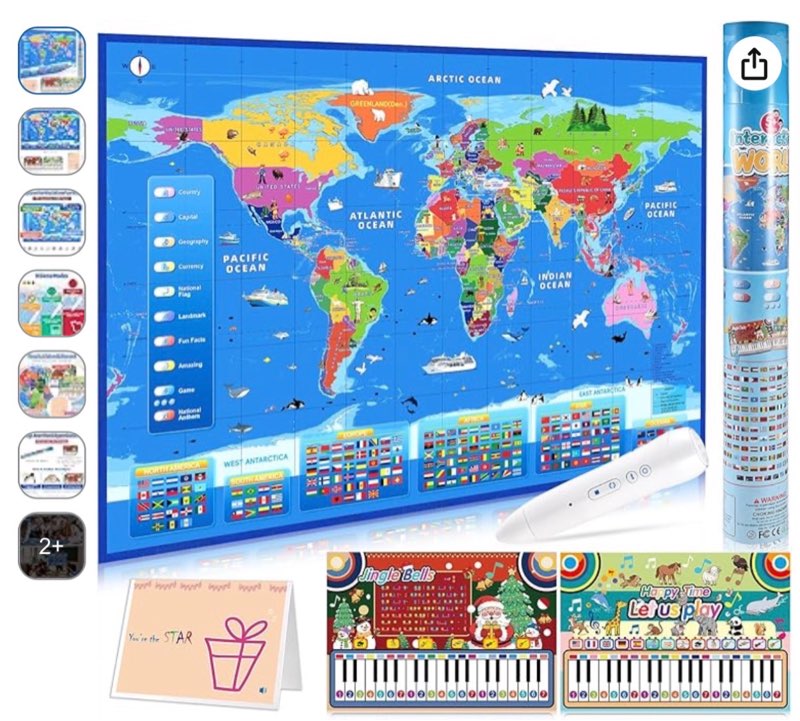 Interactive World Map for Kids Ages 5-12 with Talking Pen | Educational Geography Toy with Piano Mus