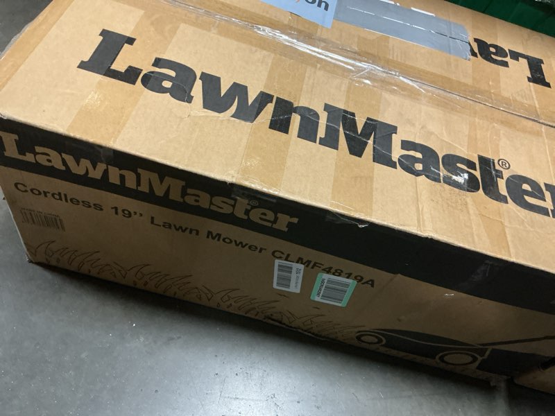 Condition photo showing As Is for lawnmaster 48v max electric lawn mower, 19-inch brushless cordless lawn mower with 2x24v max 4.0ah battery and a dual charger-clmf4819a
